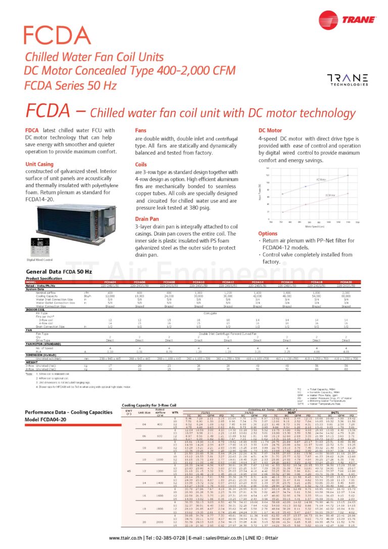 แอร์คอยล์น้ำเย็น TRANE FCDA Series แบบท่อลม | TT Air Engineering